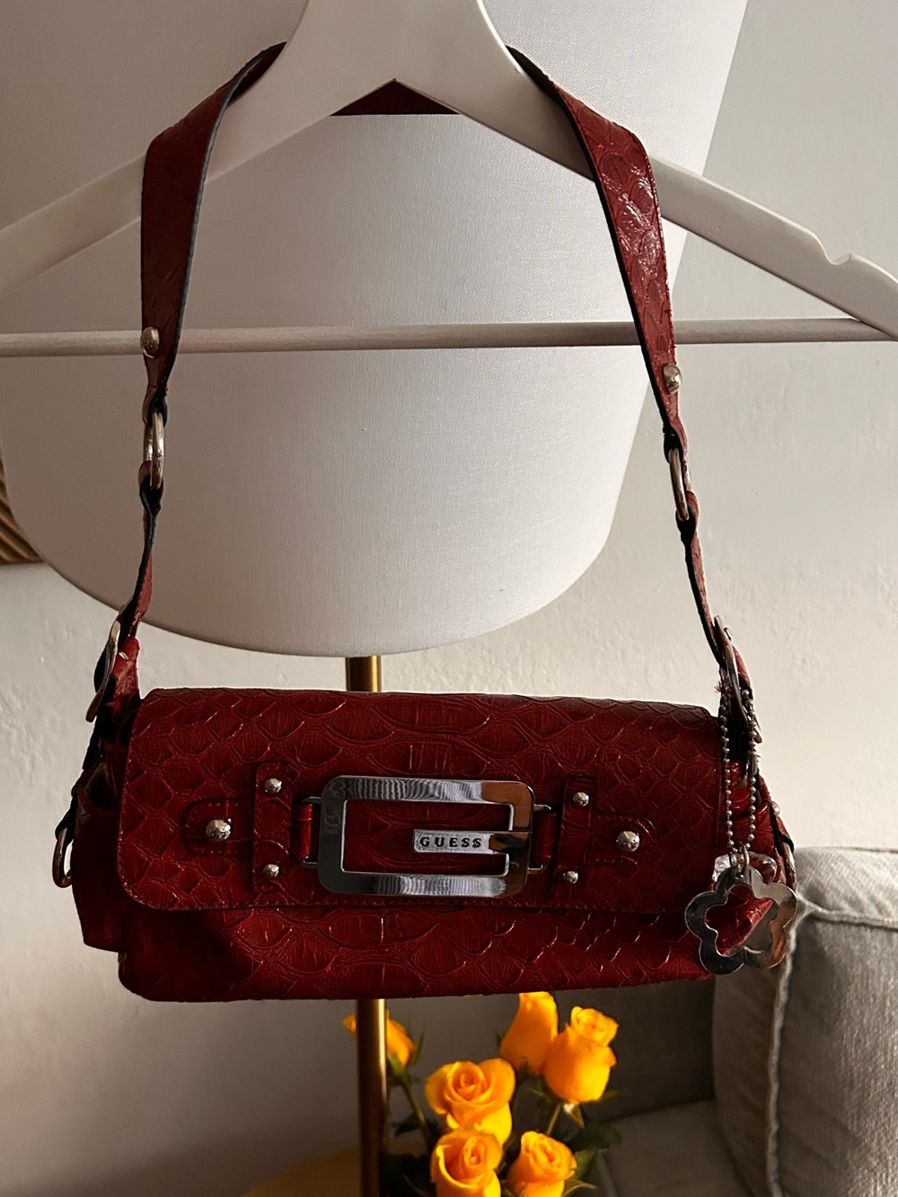 GUESS Y2K Red Snake  Embossed Faux Leather Shoulder Bag Baguette G Logo Charms